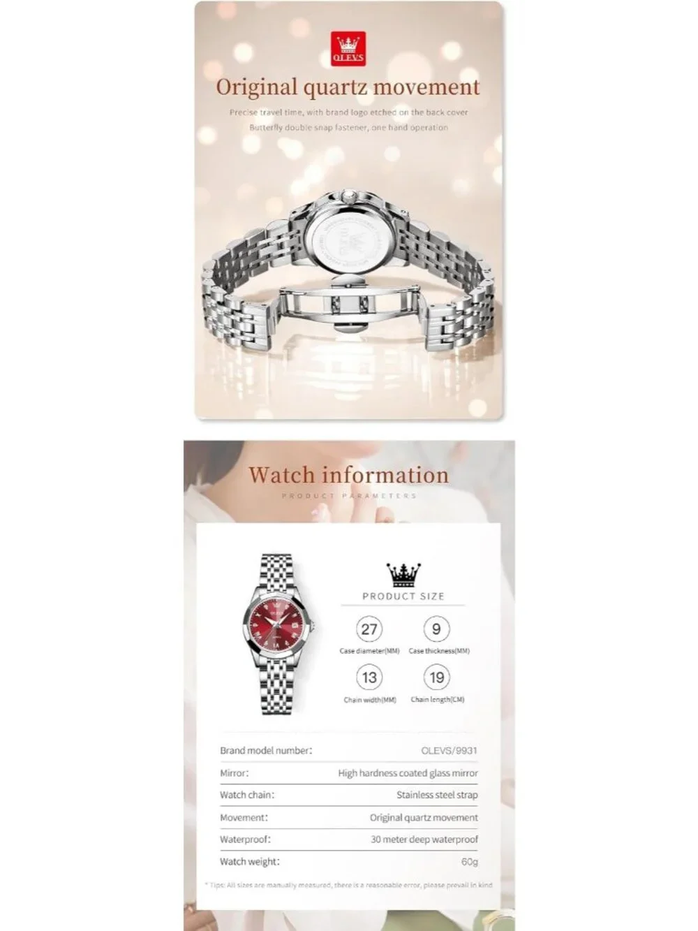Women's Red Diamond Analog Stainless Steel Waterproof Luminous Wrist Watch